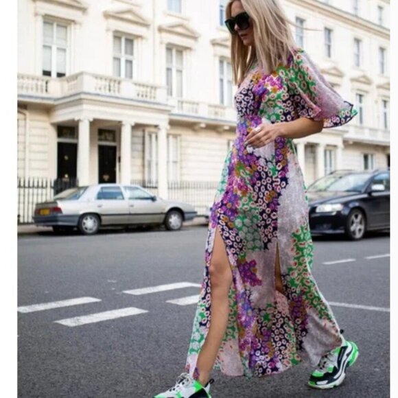 Topshop Austin Floral Print Multicolored Angle Sleeve Open Back Dress Size 4 - Picture 1 of 14